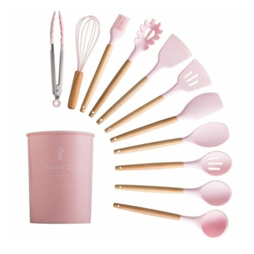 Set Ustensile De Bucătărie 12 piese IdealTI, Lemn și Silicon Alimentar, Culoare Roz
