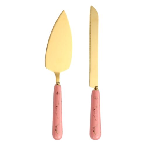 Set IdealTI cuțit și paletă servire tort nuntă, Spatulă Profesională, Cuțit pentru torturi cu mâner ceranic roz