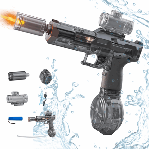 Pistol cu apă electric IdealTI®, negru, jet lung 8 metri, jucărie automată pentru copii