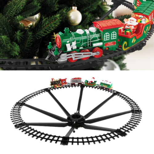 Trenulet Electric Pentru Brad IdealTI® | Carusel de Agatat in Brad cu Lumini si Sunete Realiste, Include Locomotiva+2 Vagoane ,Sanie Mos Craciun,80 cm, pentru baieti si fete, 3 ani+