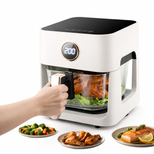Friteuză cu Aer Cald SmartGlass 5L IdealTI® | Air Fryer 1200W, Control Touch, Vizibilitate 360°, Sticlă Borosilicată