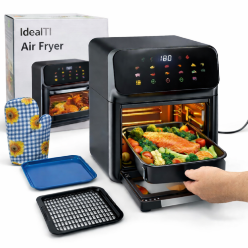 Friteuză cu Aer Cald AirOven Pro 12L IdealTI® | Air Fryer Cuptor 1350W, 10 Programe, Afișaj Tactil LED, Negru