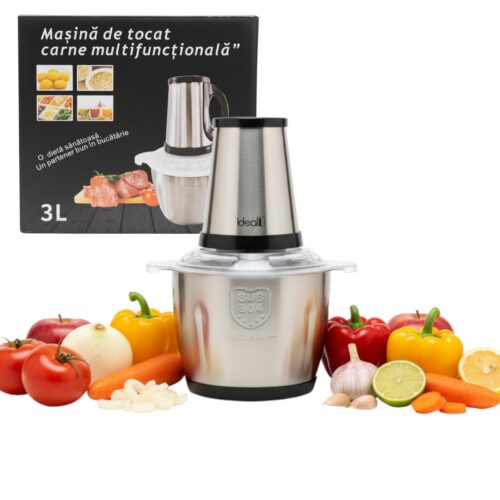 Tocător Electric Multifuncțional – Carne & Legume 3L IdealTI®, 1000W, 4 Lame Inox, 3 Viteze, Bol Inox, Acumulator, Blocare Siguranță