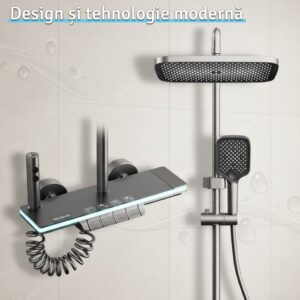 Coloană Duș cu Termostat și LED Digital, 4 Funcții Rainfall, Rotire 360°, Cupru Masiv – IdealTI®