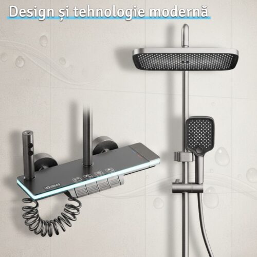 Coloană Duș cu Termostat și LED Digital, 4 Funcții Rainfall, Rotire 360°, Cupru Masiv – IdealTI®