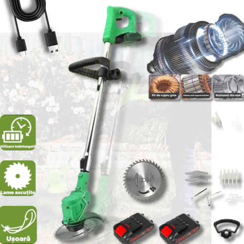 Motocoasă Electrică 48V cu 2 Acumulatori, 18000 RPM, 3 Unghiuri Reglabile, Disc + Lame Metalice – IdealTI®
