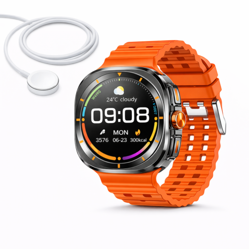 Smartwatch Barbati AMOLED 47mm cu Apeluri Bluetooth, Baterie 750mAh, Rezistent la Apa, GPS prin Telefon, Monitorizare Sanatate Completa, Notificari WhatsApp Facebook, Curea Silicon Portocaliu
