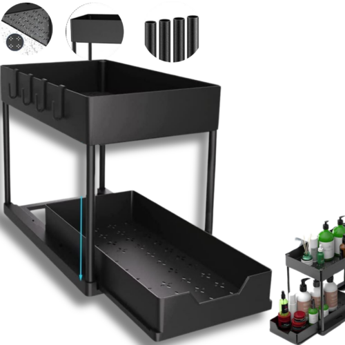 Organizator Premium Chiuvetă și Dulap 2 Niveluri cu Sertar Glisant | IdealTI® Negru