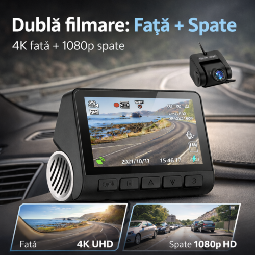 Cameră Auto DVR 4K UHD cu WiFi, GPS, Dual Fata+Spate, Sony IMX335, 170° | IdealTI®